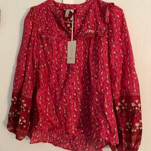 Joie Pink Red Floral Tunic Blouse Top 100% Cotton Long Sleeve Blouse NWT